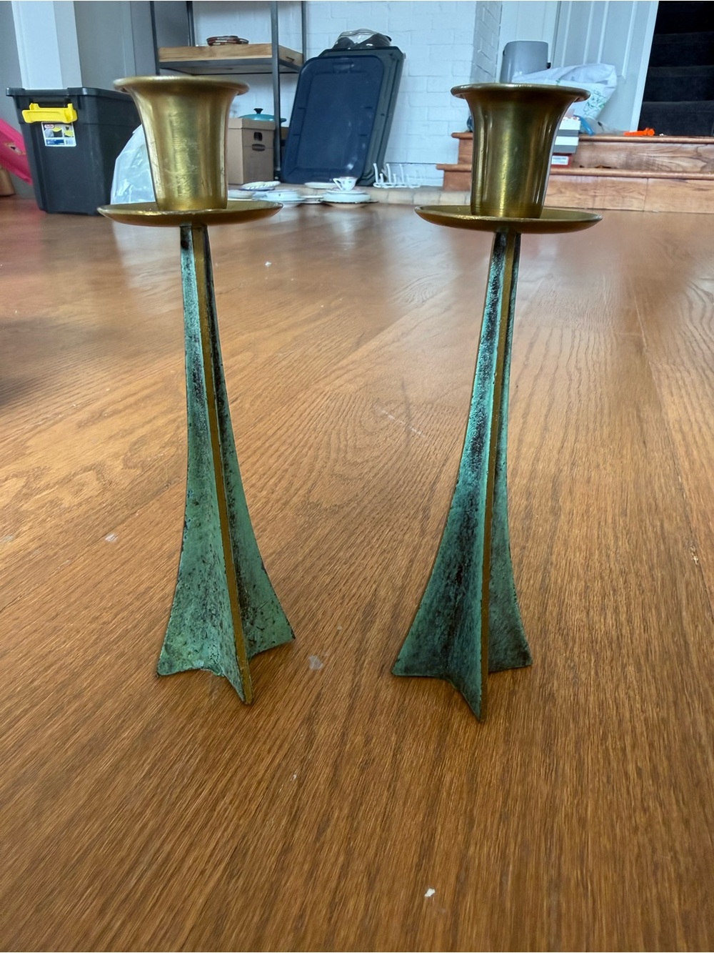 Vintage Brass and Verdigris Metal Candle Holders - Set of 2